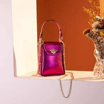 Milan Chiva Crossbody Cell Phone Purse for Women Bee Cellphone Wallet Small Cross Body Bag Phone Holder Pouches with Chain Strap Travel Gift Hot Pink MC-319HPK