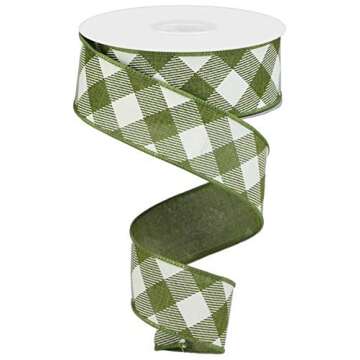 Moss Green and Ivory Diagonal Plaid Check Wired Edge Ribbon - 10 Yards (1.5")