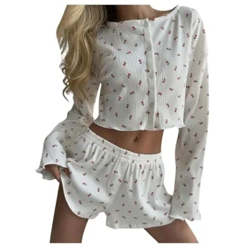 SHENHE Women's Floral Pajama Set Long Sleeve Button Up Crop Top and Shorts 2 Piece Loungewear Red an...