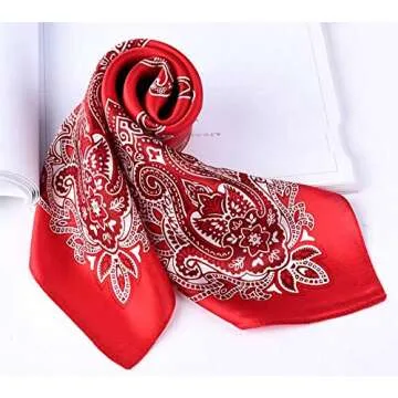 ANDANTINO 100% Real Mulberry Silk Scarf -21'' x 21''- Lightweight Neckerchief –Women Men Small Square Digital Printed Scarves (Red Paisley)
