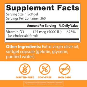 Doctor's Best Vitamin D3 5,000 IU for Healthy Bones, Teeth, Heart and Immune Support, Non-GMO, Gluten-Free, Soy Free, 360 Count (Pack of 1)