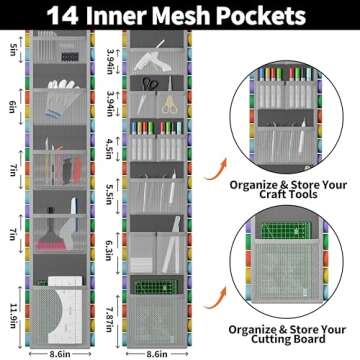 Resonax 60 Compartment Vinyl Roll Holder with 14 Mesh Pockets, 2 Hooks & Straps - 66" x 8.6" Vinyl Storage Organizer - Your Craft Room Companion (Grey)