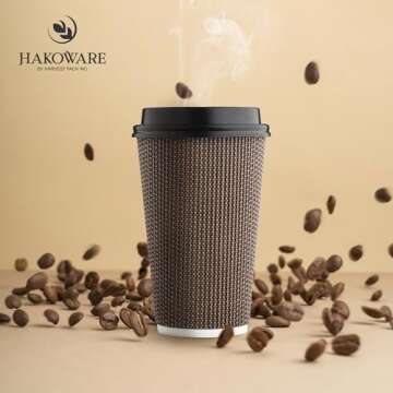 [85 SET]Harvest Pack 16 oz Disposable Coffee Cups, Insulated Ripple Double-Walled Paper Cup with Lid, Brown Geometric, Tea Hot Chocolate Drinks To go coffee cups