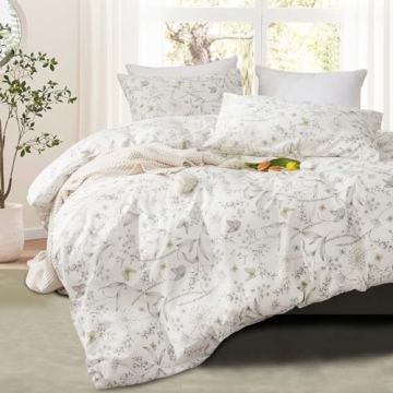 Nayoroom Cotton Duvet Cover Queen Size White Floral Botanical Leaf Butterfly Spring Comforter Cover ...