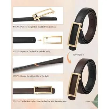 AWAYTR Women Reversible Leather Belt - Two-in-One Women Fashion Skinny Belt for Jeans with Golden Bu...