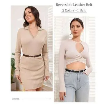 Stylish AWAYTR Women Reversible Leather Belt with Gold Buckle for All Occasions