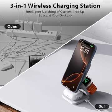 KU XIU X55 Foldable 3 in 1 Charging Station for Apple Devices, 15W Fast Magnetic Wireless Charger, Magnetic Travel Charger Stand for iPhone 16 15 14 13 12 Series, 5W for Apple Watch, AirPods-White