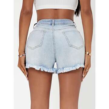 Verdusa Women's Rhinestone Pearl Beaded Frayed Raw Hem Denim Shorts Light Blue 28
