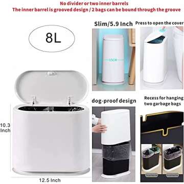 10 Liter Plastic Trash Can with Press Top Lid for Bathroom,White 2.6 Gallon Dog Proof Garbage Can,Na...