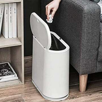 10 Liter Plastic Trash Can with Press Top Lid for Bathroom,White 2.6 Gallon Dog Proof Garbage Can,Narrow Toilet Waste Basket and Covered Wastebasket for Room Bedroom Kitchen,Office and Dorm,Pack of 1