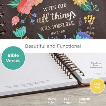 Christian Art Gifts Journal w/Scripture With God All Things Are Possible Mathew 19:26 Bible Verse Floral 192 Ruled Pages, Large Hardcover Notebook, Wire Bound