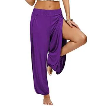 PACBREEZE Women's Yoga Harem Pants Side Slit Joggers Active Workout Sweatpants Beach Cover-up Pants(Purple, Medium)