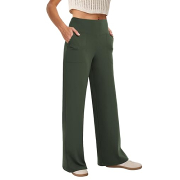 COPYLEAF Women's Army Green Wide Leg High Waist Yoga Pants with Pockets