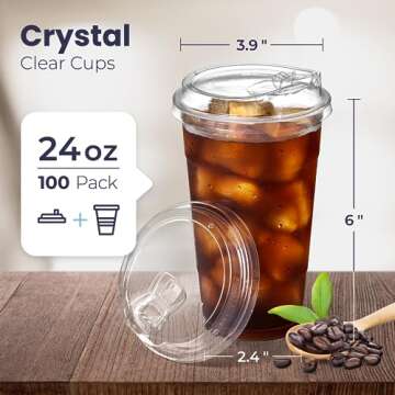 Fit Meal Prep 100 Pack 24 oz Clear Plastic Cups with Strawless Sip Lids, Disposable Plastic Coffee C...