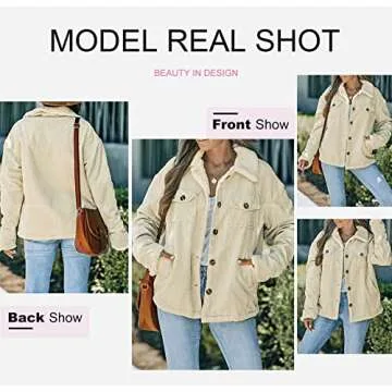 Dokotoo 2023 Fashion Trucker Shacket Jacket for Women Thick Sherpa Lined Fleece Fur Collar Button Down Long sleeve Outwear Winter Fall Warm Coat with Pocket Apricot L