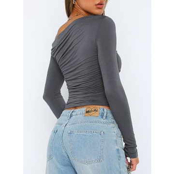 Darong Women's Casual Boat Neck Long Sleeve Crop Top