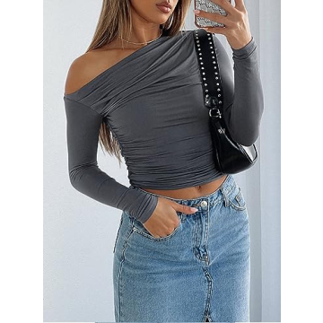 Darong Women's Casual Boat Neck Long Sleeve Crop Top