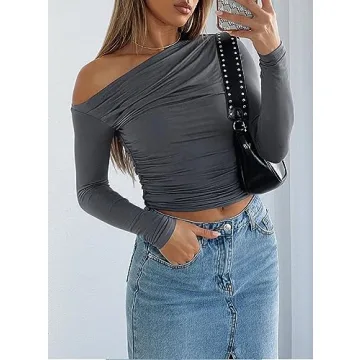 Darong Women's Casual Boat Neck Long Sleeve Crop Top