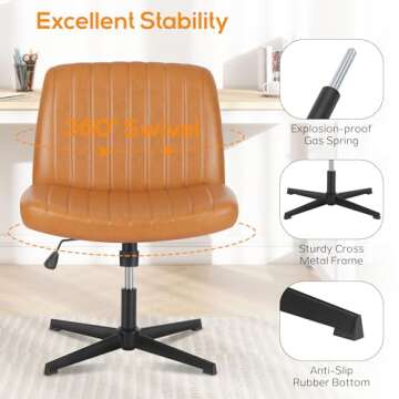 DUMOS Criss Cross Chair Legged Office Wide Comfy Desk Seat, No Wheels Armless Computer Task Seating, Swivel Vanity Home Height Adjustable