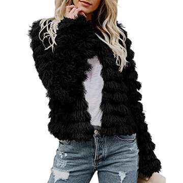 Inorin Womens Fall Open Front Cardigan Faux Fur Coat Vintage Parka Shaggy Jacket Warm Coat Tops (Black, Small)