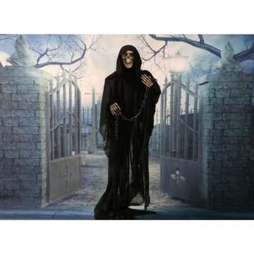 Haunted Hill Farm Life-Size Scary Grim Reaper with Chain, Halloween Animatronic with Touch Activated...