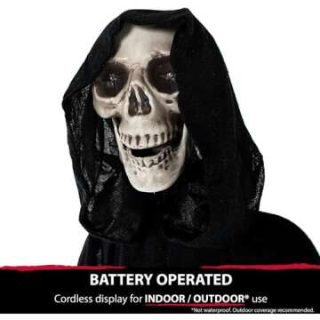 Haunted Hill Farm Life-Size Scary Grim Reaper with Chain, Halloween Animatronic with Touch Activated Lights and Sounds, Battery Operated Indoor or Covered Outdoor Halloween Decorations, Halloween Prop