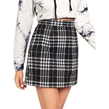 MakeMeChic Women's Plaid Skirt High Waisted Bodycon Pencil Mini Skirt White Black XS