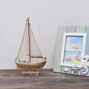 Waroom Home Wooden Sailboat Decor, Handmade Vintage Nautical Decor Sailing Boat Decoration, Wood Dis...