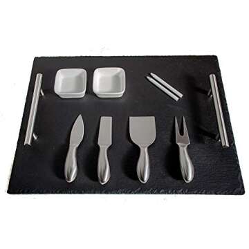 Slate Cheese Board Set with Handles | 9 pcs - 12" x 16" Serving Tray, Stainless Steel Cheese Knife Set with Ceramic Bowls + Soapstone Chalk