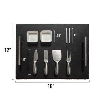 Slate Cheese Board Set with Handles | 9 pcs - 12" x 16" Serving Tray, Stainless Steel Cheese Knife Set with Ceramic Bowls + Soapstone Chalk