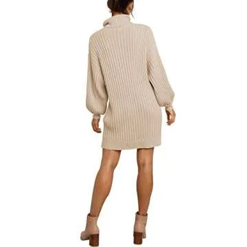 LOGENE Women's Sweater Dress Turtleneck Long Balloon Sleeve Ribbed Knit Oversized Pullover Dresses (Beige, S) 240-xingse-S