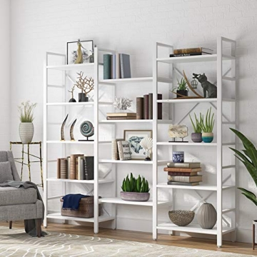 Tribesigns Triple Wide 5-Shelf Bookcase, Etagere Large Open Bookshelf Vintage Industrial Style Shelves Wood and Metal bookcases Furniture for Home & Office, All White