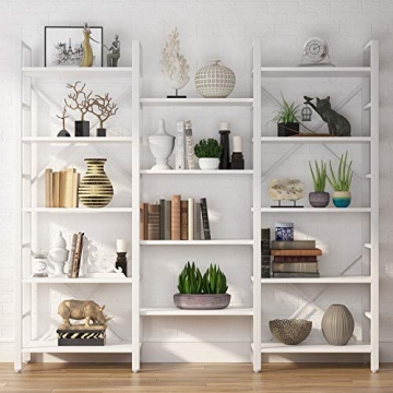 Tribesigns Triple Wide 5-Shelf Bookcase, Etagere Large Open Bookshelf Vintage Industrial Style Shelves Wood and Metal bookcases Furniture for Home & Office, All White