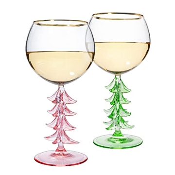 Crystal Winter Tree Stemmed Wine Glass - Green - 12oz Goblet Bordeaux Gold Rim Colored Glassware, Ch...