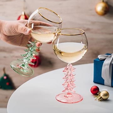 Crystal Winter Tree Stemmed Wine Glass - Green - 12oz Goblet Bordeaux Gold Rim Colored Glassware, Cheerful Party Festive New Years Cheer for Winter Gift