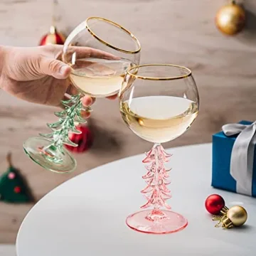 Crystal Winter Tree Stemmed Wine Glass - Green - 12oz Goblet Bordeaux Gold Rim Colored Glassware, Cheerful Party Festive New Years Cheer for Winter Gift