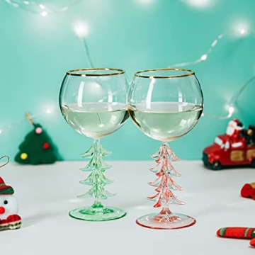 Crystal Winter Tree Stemmed Wine Glass - Green - 12oz Goblet Bordeaux Gold Rim Colored Glassware, Cheerful Party Festive New Years Cheer for Winter Gift