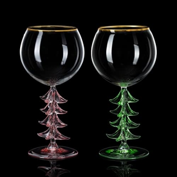 Crystal Winter Tree Stemmed Wine Glass - Green - 12oz Goblet Bordeaux Gold Rim Colored Glassware, Cheerful Party Festive New Years Cheer for Winter Gift