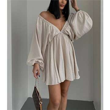 LOFAAC 2024 Women Sexy Deep V Neck Puff Long Sleeve Mini Dress Backless High Waist Ruffle Short Dres...