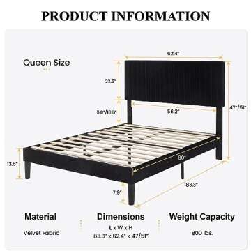 SHA CERLIN Queen Upholstered Platform Bed Frame with Adjustable Headboard/Vertical Channel Tufted Ve...