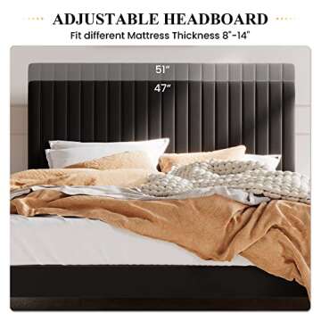 SHA CERLIN Queen Upholstered Platform Bed Frame with Adjustable Headboard/Vertical Channel Tufted Velvet Fabric/Wooden Slats Support/Mattress Foundation/Box Spring Optional/Black