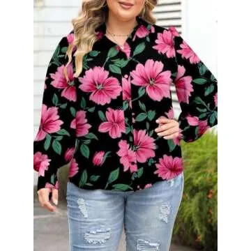Eytino Women Plus Size Dressy Tops V Neck Long Sleeve Button Up Floral Print Casual Loose Blouse Shirts,1X Black