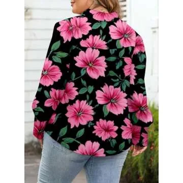 Eytino Women Plus Size Dressy Tops V Neck Long Sleeve Button Up Floral Print Casual Loose Blouse Shirts,1X Black