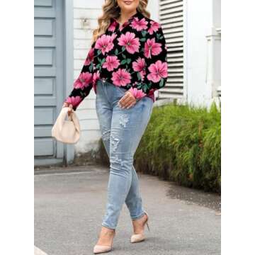 Eytino Women Plus Size Dressy Tops V Neck Long Sleeve Button Up Floral Print Casual Loose Blouse Shirts,1X Black