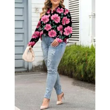 Eytino Women Plus Size Dressy Tops V Neck Long Sleeve Button Up Floral Print Casual Loose Blouse Shirts,1X Black