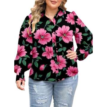 Eytino Women Plus Size Dressy Tops V Neck Long Sleeve Button Up Floral Print Casual Loose Blouse Shirts,1X Black