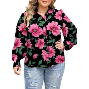 Eytino Women Plus Size Dressy Tops V Neck Long Sleeve Button Up Floral Print Casual Loose Blouse Shirts,1X Black