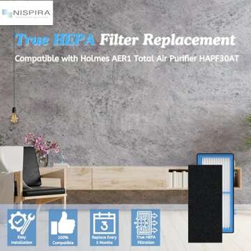 Nispira AER1 Filter Replacement for Holmes Air Purifier HAPF30AT HAP242-NUC Total Air 4 HEPA 4 Carbon Booster, Remove Odor Smoke VOCs 1.2 x 10 x 4.6 Inches