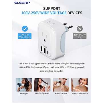 ELEGRP European Travel Plug Adapter, US to Europe Plug Adapter Converter with Two USB-A Ports and Two USB-C Ports, Type C Adapters for Europe, Spain, Italy, France, Germany, FCC, 1 Pack