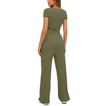 Darong Women's 2 Piece Outfits Lounge Sets Ruched Short Sleeve Tops High Waisted Wide Leg Pants Tracksuit Sets